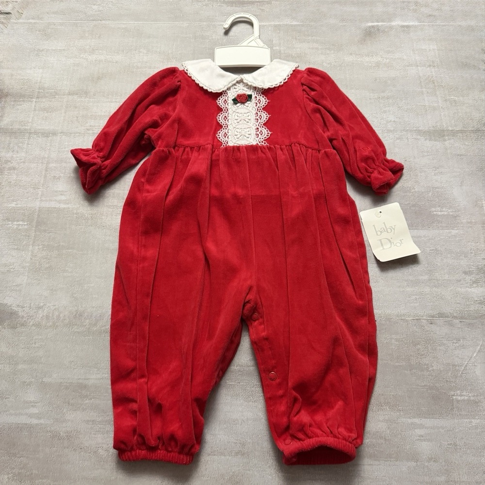 NWT Vintage 80s 90s Baby‎ Dior Red Velvet Lace Romper 6-9 Months NOS Brand New!